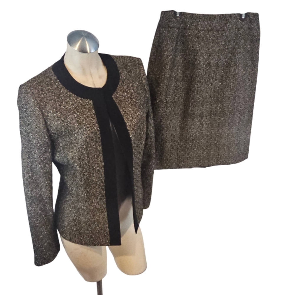 Kasper Size 10 12 Skirt Suit Blazer Tweed Black Metallic